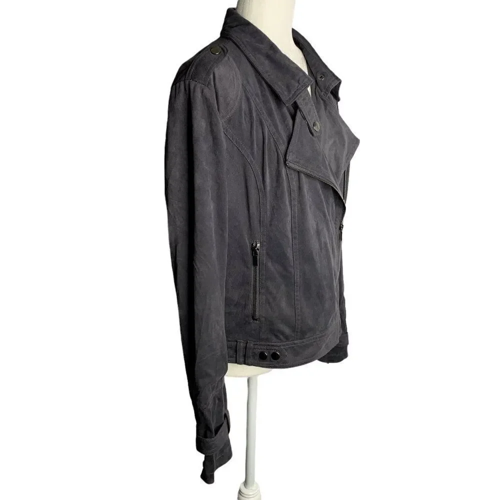BNCI Blanc Noir Faux Suede Moto Jacket L Grey Asymmetrical Zipper Pockets Lined